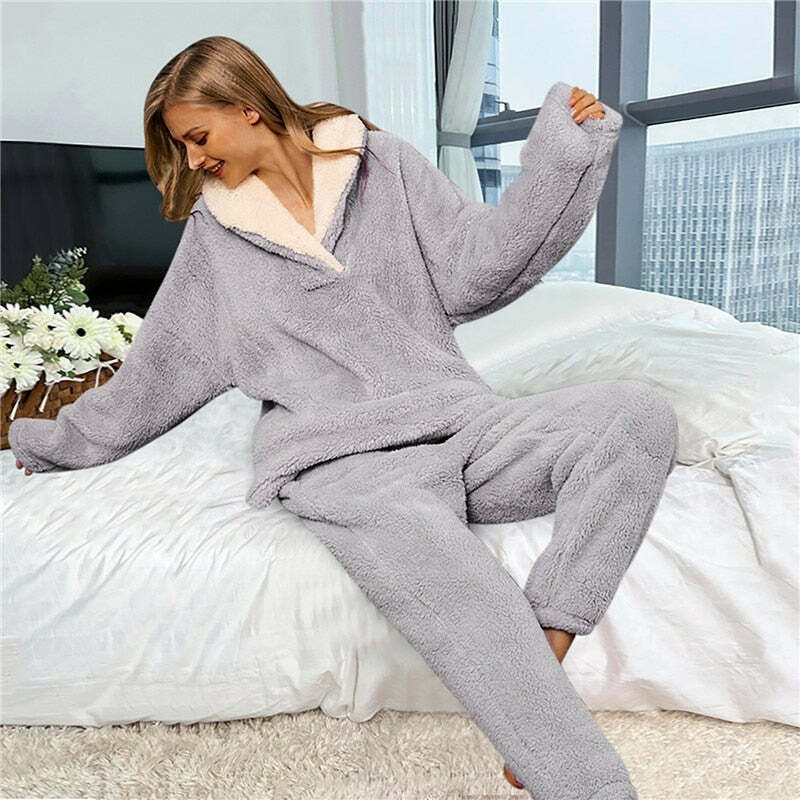 Cozy Solid Long Sleeve Fluffy Pajama Set for Y2K Aesthetic & Grunge Style Lovers