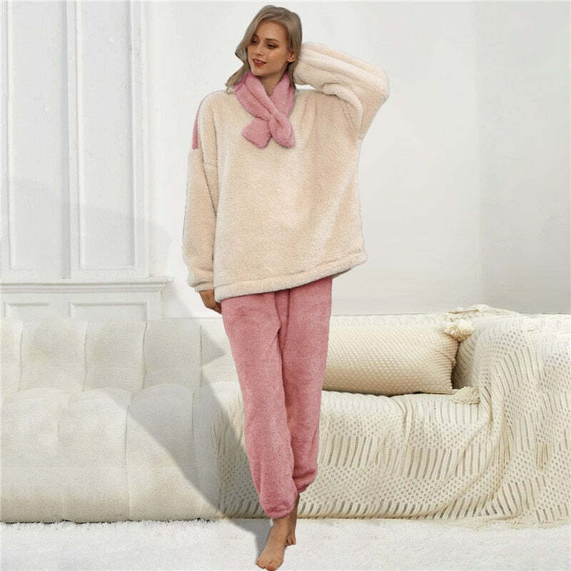 Cozy Solid Long Sleeve Fluffy Pajama Set for Y2K Aesthetic & Grunge Style Lovers