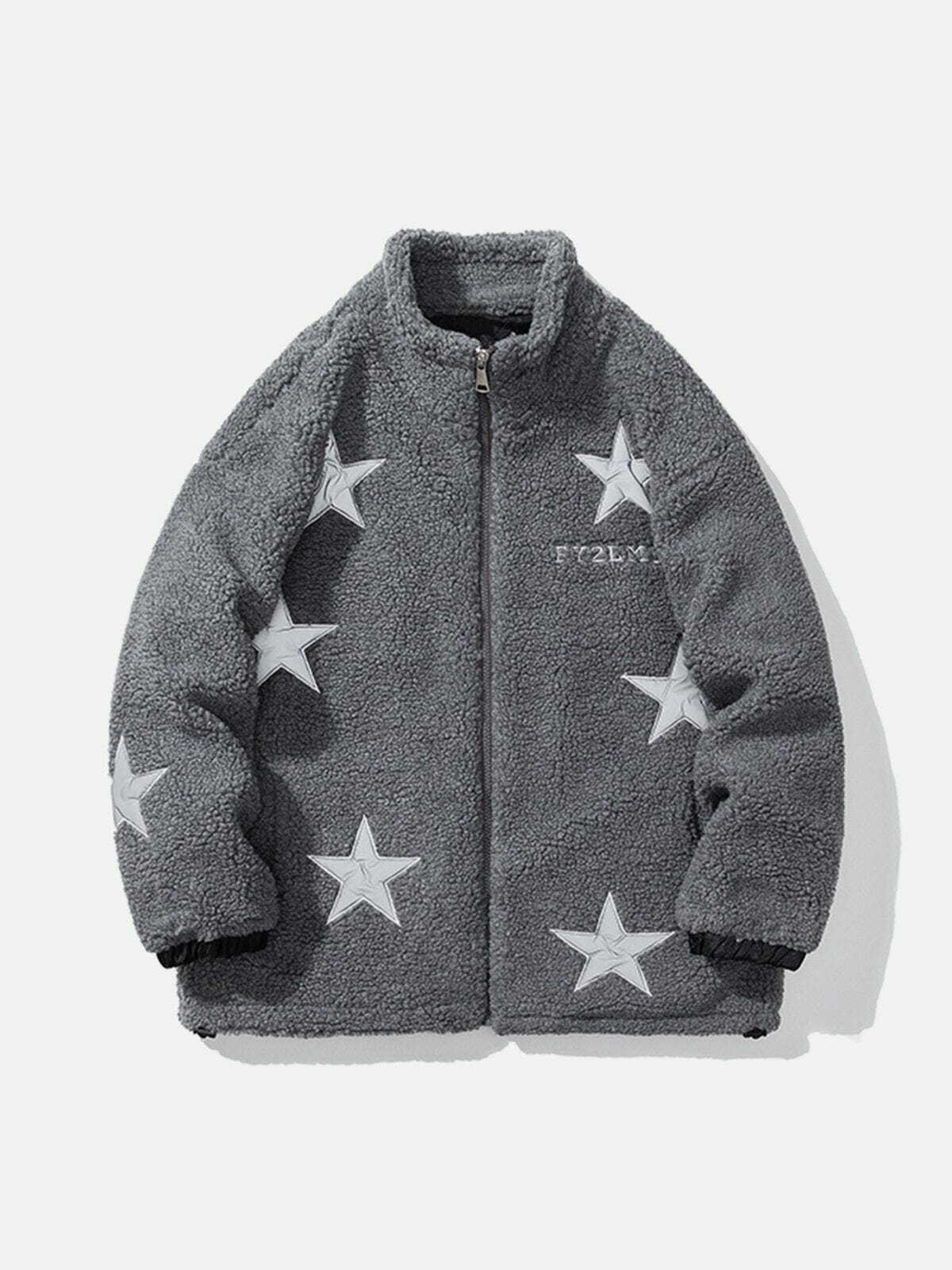 Cozy Star Embroidery Sherpa Coat - Y2K Fashion Essential for Aesthetic Outfits