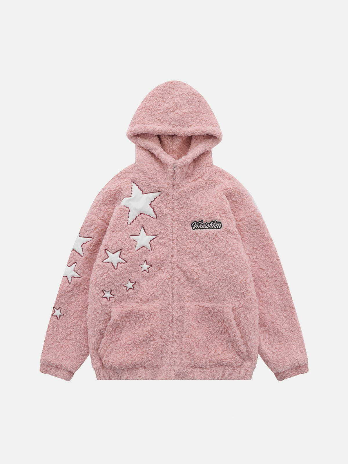 Cozy Star Embroidery Sherpa Coat - Y2K Fashion Essential for Aesthetic Outfits