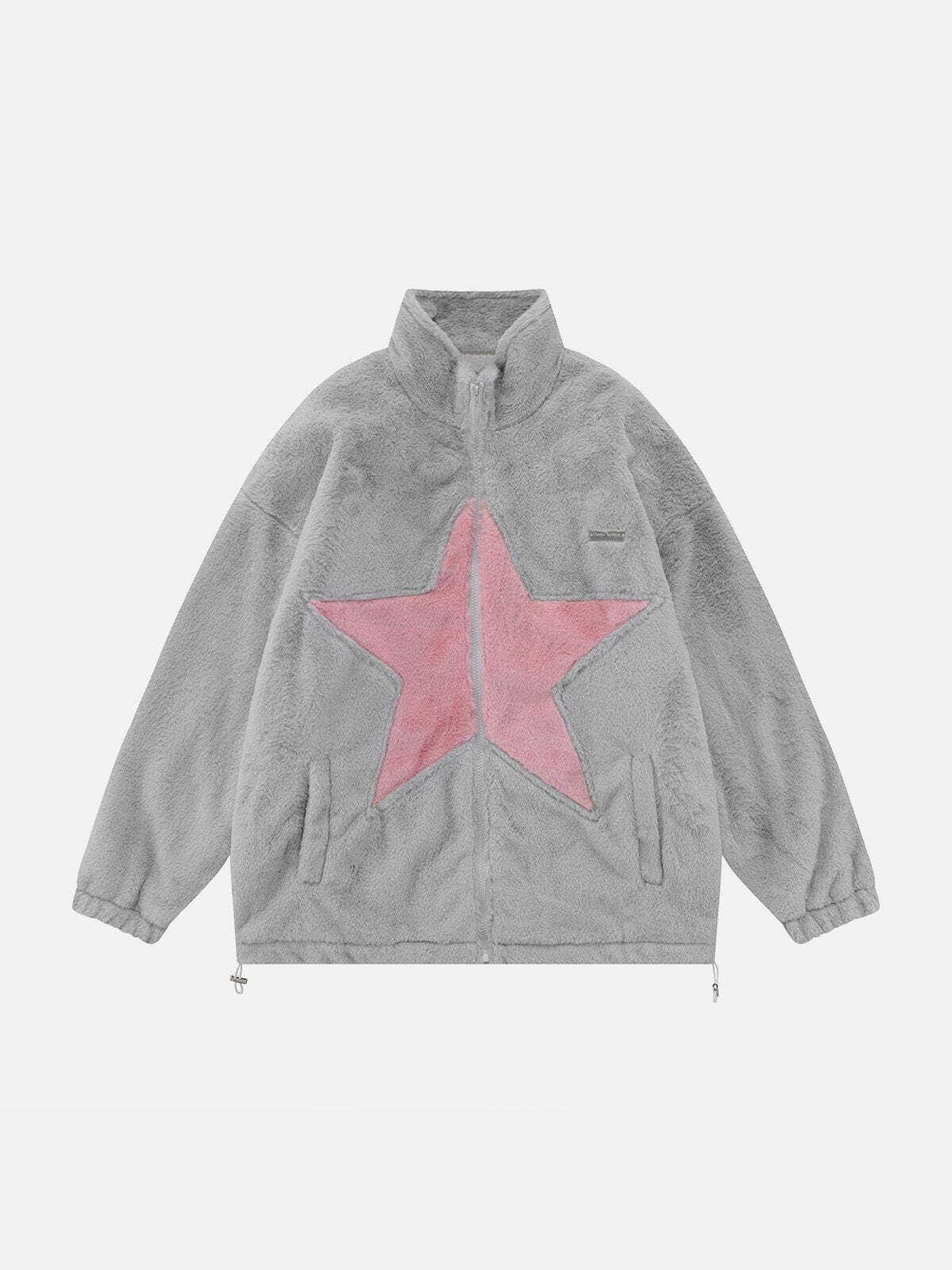 Cozy Star Patchwork Winter Coat - Y2K Aesthetic Outerwear for Grunge and Coquette Styles