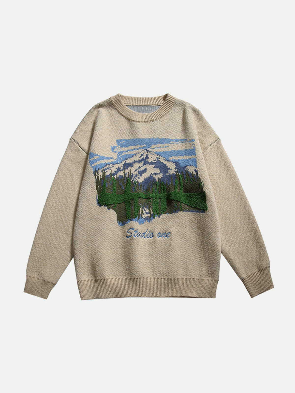 Cozy Y2K Aesthetic Oil Painting Mountain Sweater - Cute Tops for Grunge & Coquette Styles