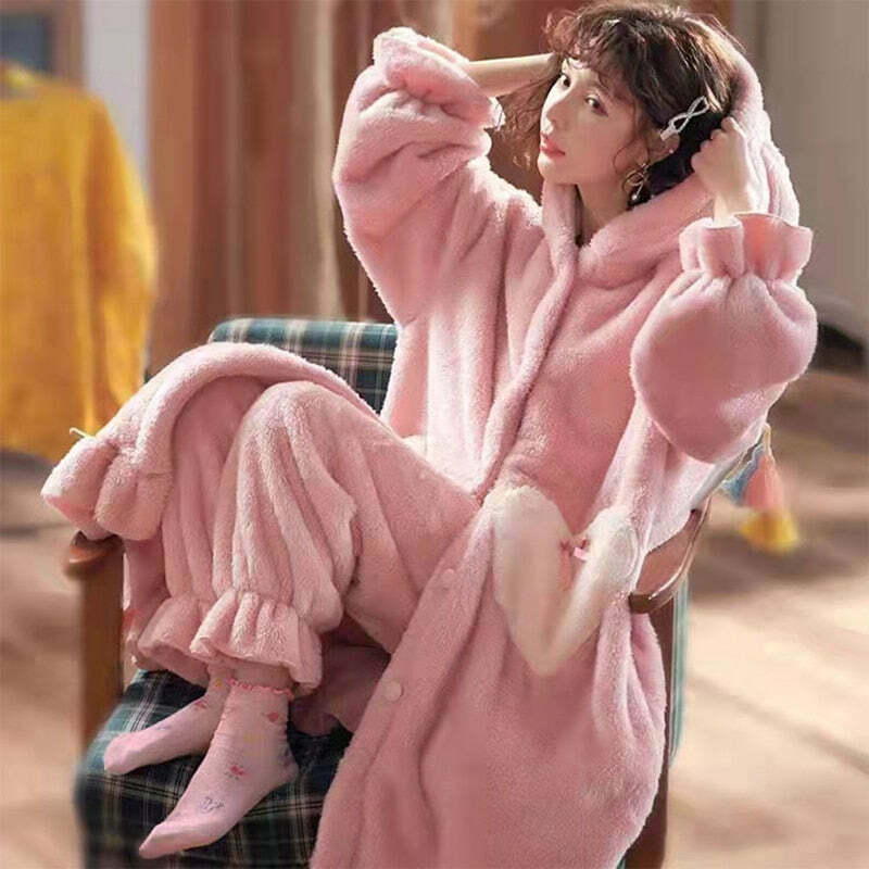 Cozy Y2K Flannel Hooded Pajama Set with Rabbit Hat - Cute Winter Loungewear for Aesthetic Lovers