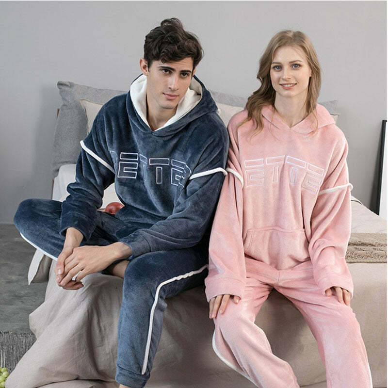 Cozy Y2K Hooded Flannel Pajamas Set - Cute Pastel Goth Aesthetic Loungewear Outfit