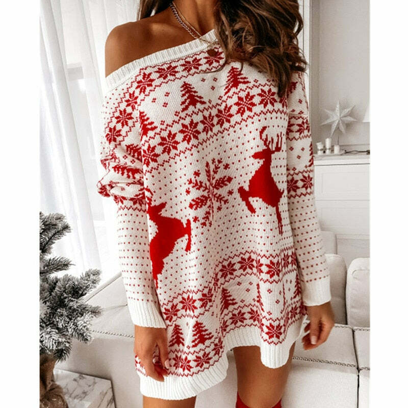 Cozy Y2K Off-Shoulder Sweater Dress - Cute Fall Aesthetic Long Sleeve Pullover for Women