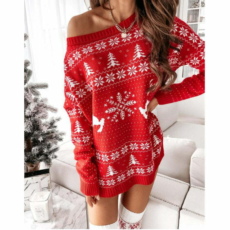 Cozy Y2K Off-Shoulder Sweater Dress - Cute Fall Aesthetic Long Sleeve Pullover for Women