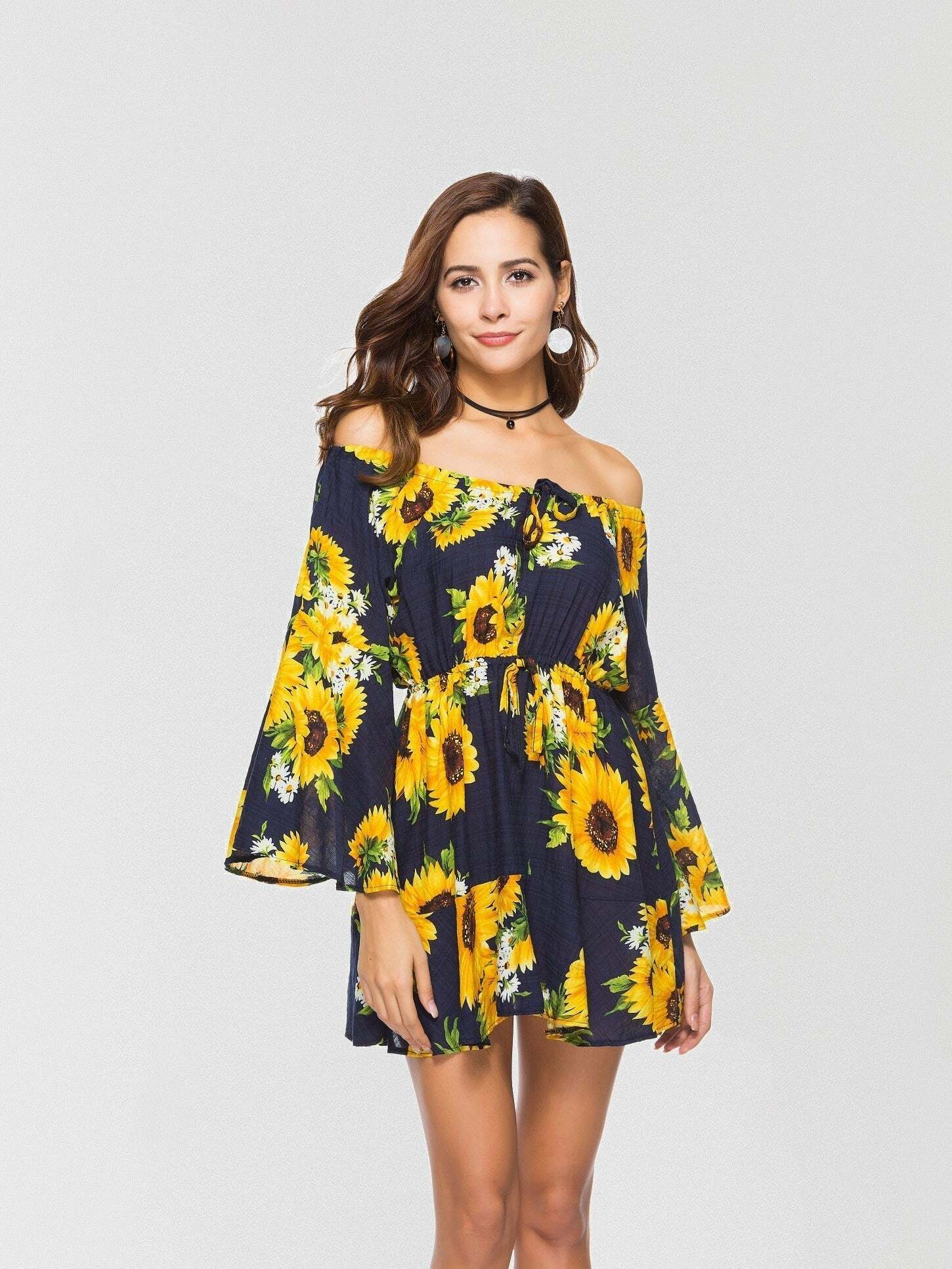 Daisy Print Off-The-Shoulder Mini Dress - Y2K Aesthetic, Coquette Style, Cute Summer Outfit