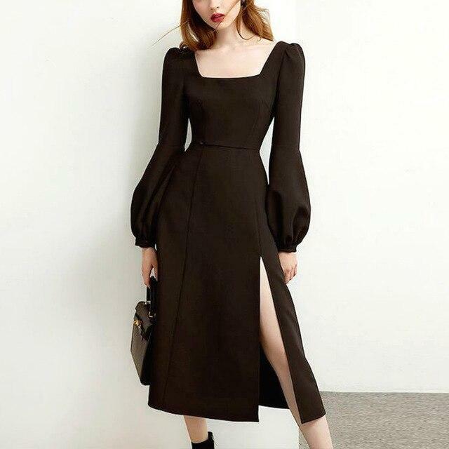 Dark Academia Black Retro Midi Dress - Y2K Aesthetic, Grunge Style, Vintage Charm