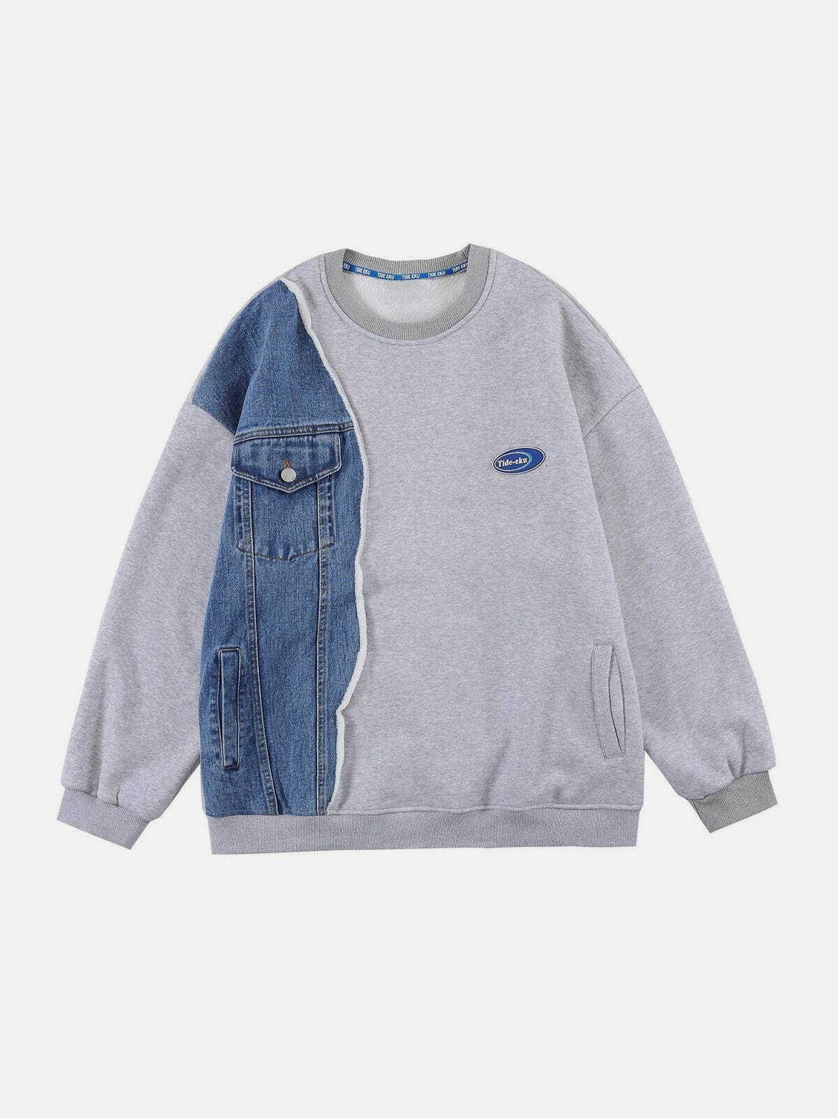 Denim Pocket Patchwork Sweatshirt - Y2K Fashion, Grunge Aesthetic, Cute Tops, Comfy Style