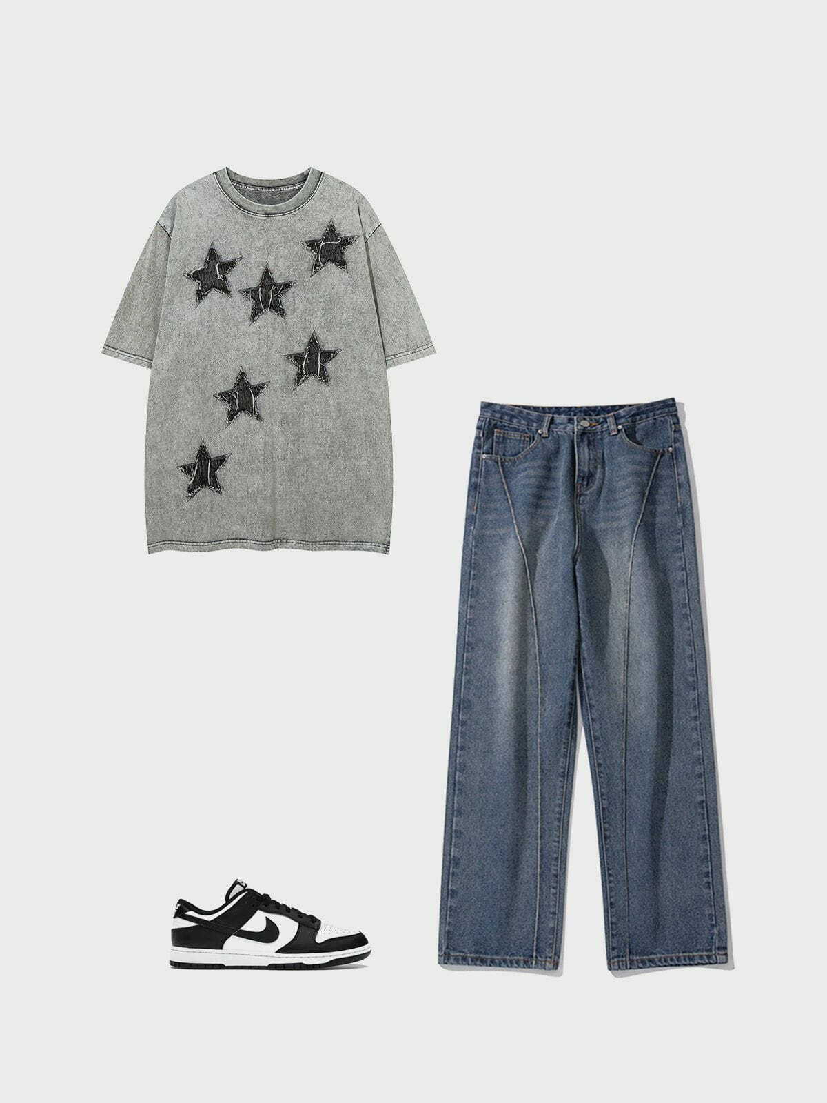 Denim Star Patchwork Washed Tee - Y2K Fashion, Grunge Aesthetic, Cute Tops, Comfy Style