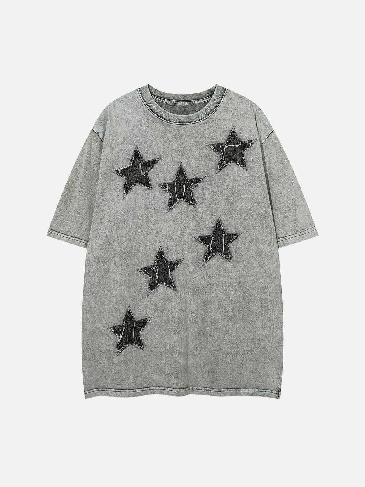 Denim Star Patchwork Washed Tee - Y2K Fashion, Grunge Aesthetic, Cute Tops, Comfy Style