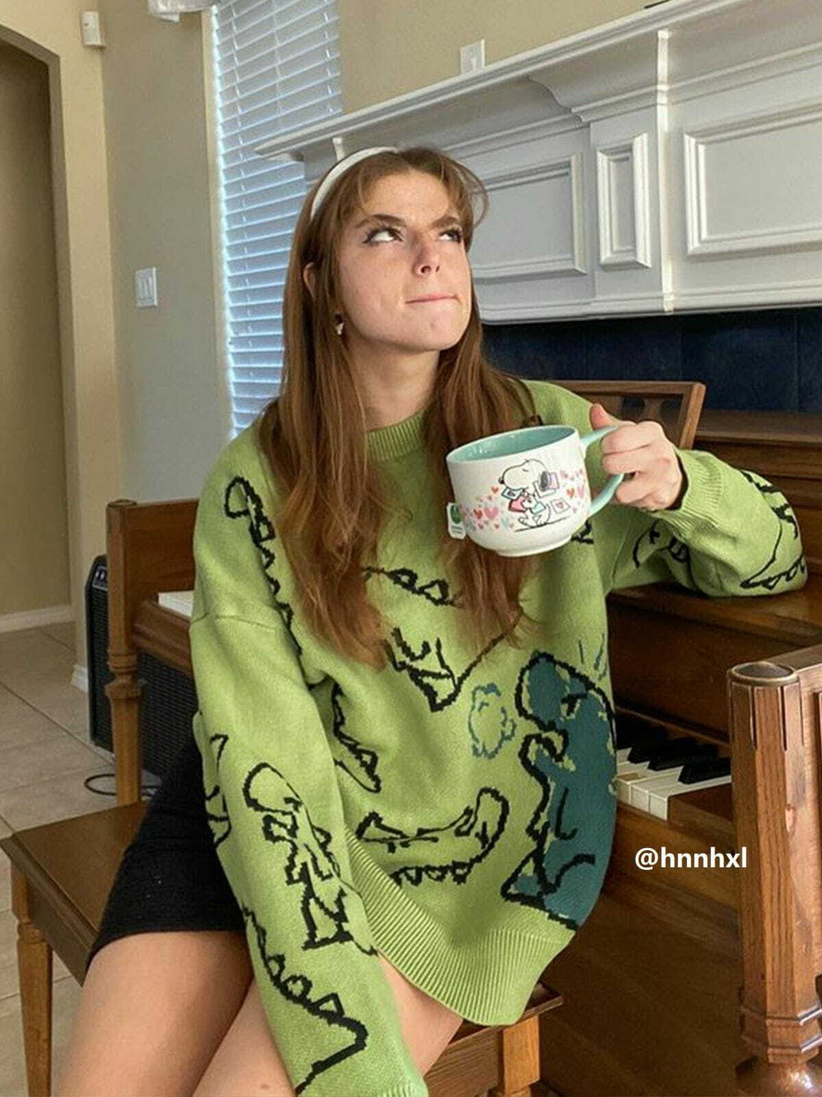 Dinosaur Cartoon Pattern Knit Sweater - Y2K Aesthetic Cute Top for Cozy Fall Vibes