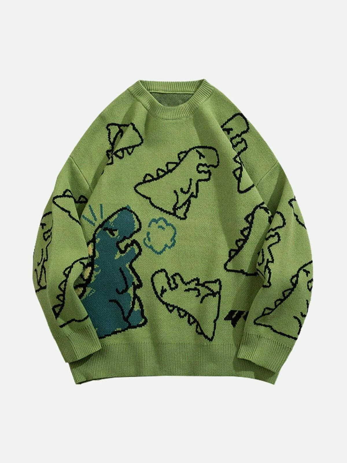 Dinosaur Cartoon Pattern Knit Sweater - Y2K Aesthetic Cute Top for Cozy Fall Vibes