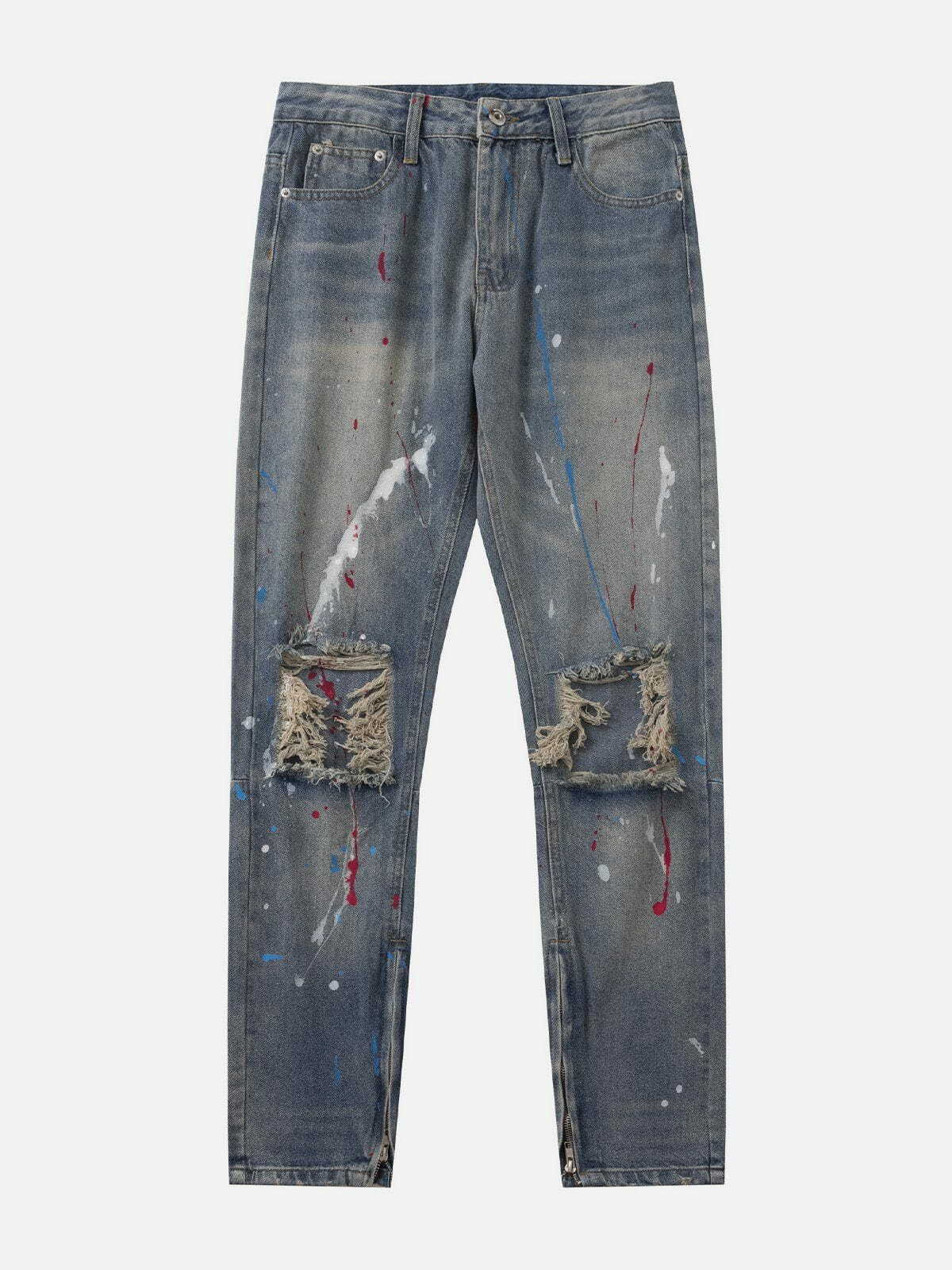 Distressed Graffiti Jeans in Y2K Style - Trendy Grunge Aesthetic for Unique Outfits