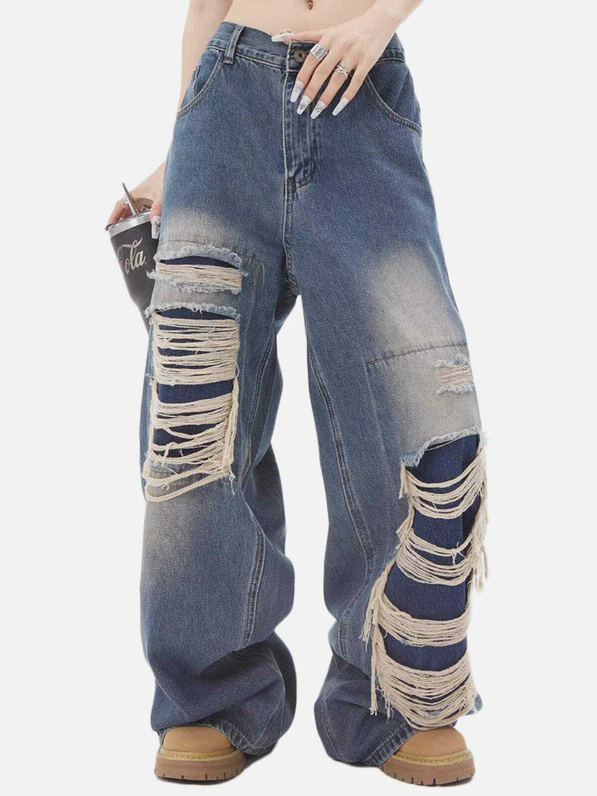 Distressed Y2K Fashion Jeans - Grunge Aesthetic Denim for Trendy Outfits & Comfy Style