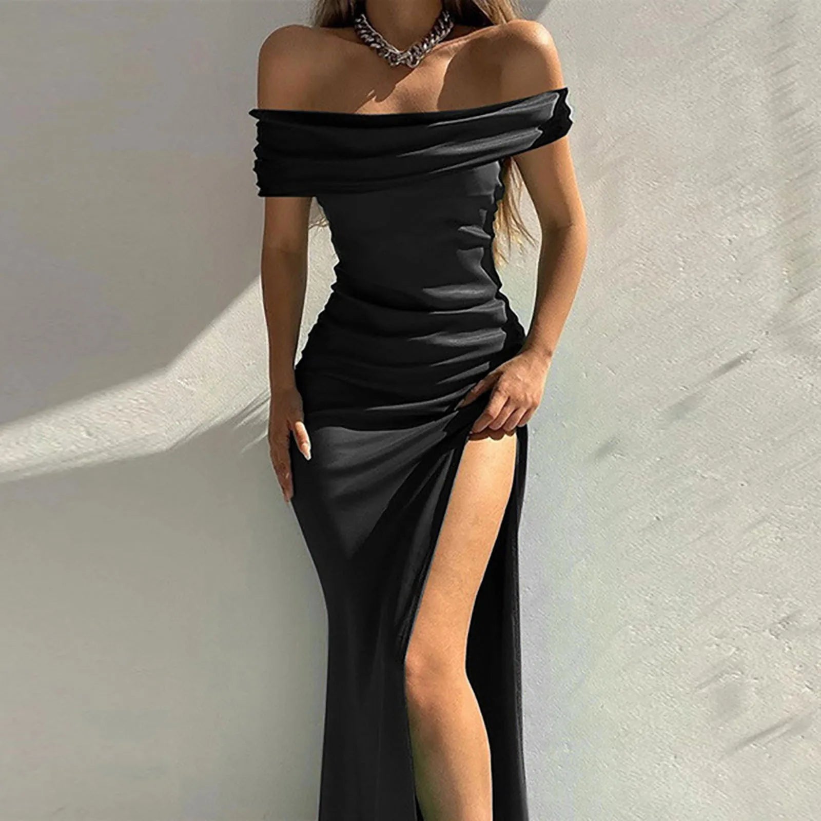 Elegant High Split Off-Shoulder Dress - Y2K Fashion, Coquette Aesthetic, and Grunge Style