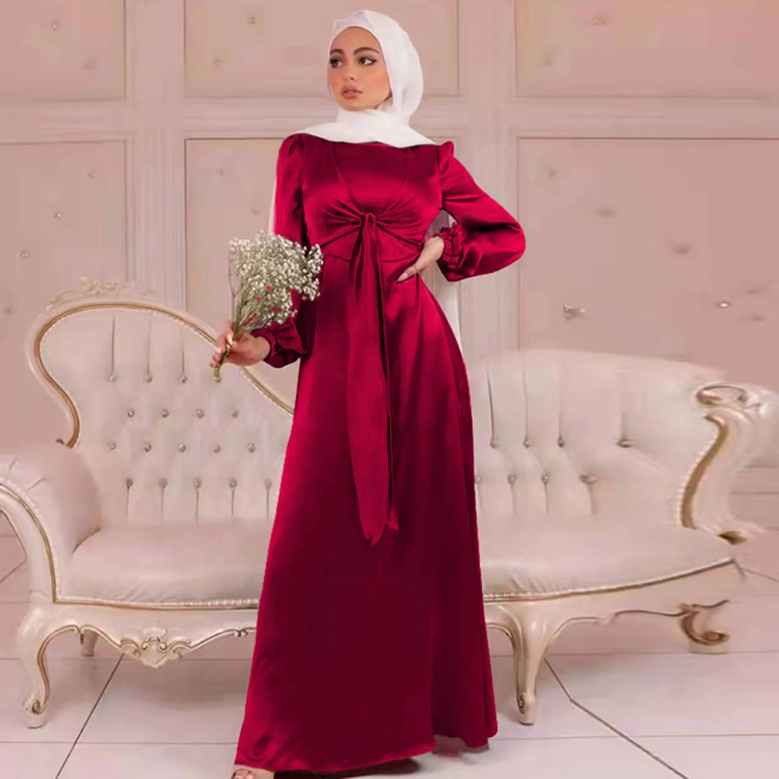 Elegant Satin Wrap Abaya with Belted Hijab - Modest Kaftan Dress for Ramadan & Special Occasions