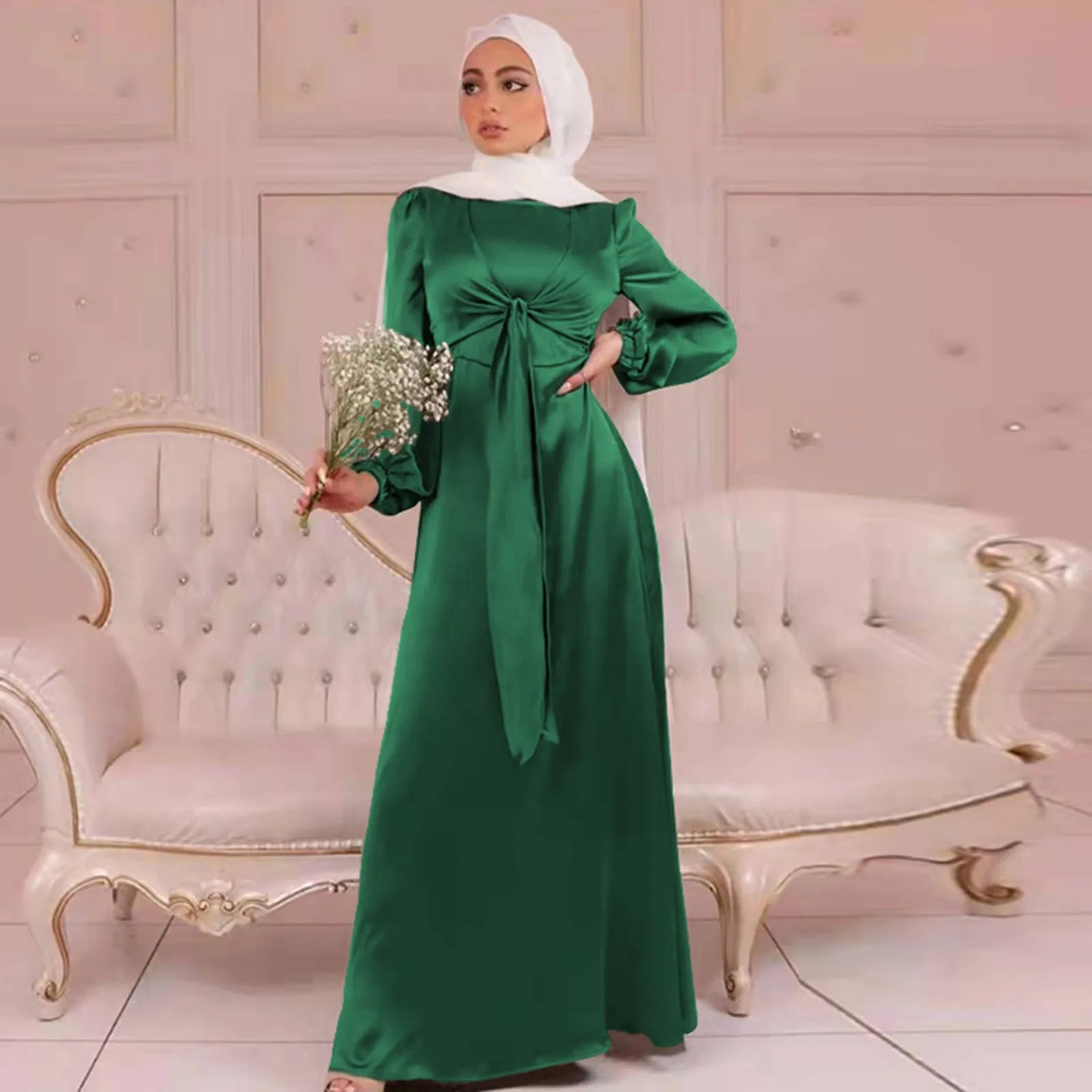 Elegant Satin Wrap Abaya with Belted Hijab - Modest Kaftan Dress for Ramadan & Special Occasions