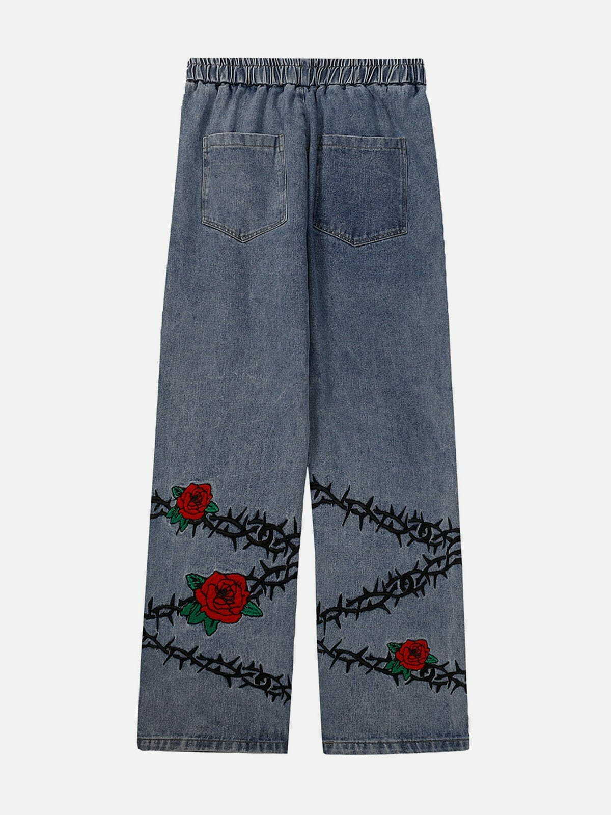 Embroidered Thorns Rose Jeans - Y2K Aesthetic Grunge Style with Coquette Charm