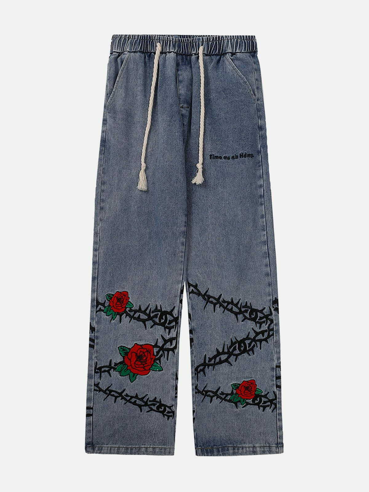 Embroidered Thorns Rose Jeans - Y2K Aesthetic Grunge Style with Coquette Charm