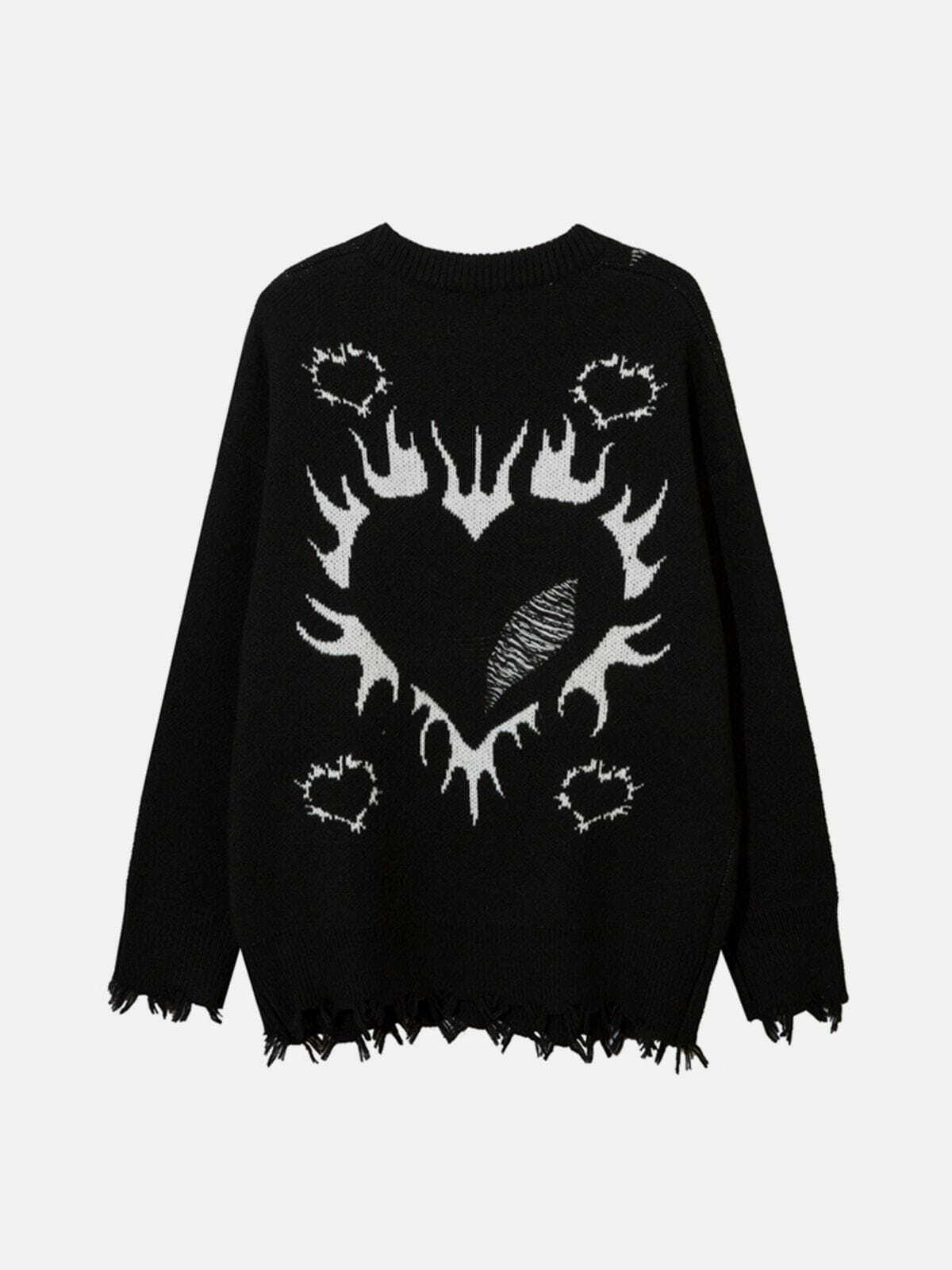 Flame Heart Jacquard Sweater - Y2K Aesthetic Knit Top for Coquette & Grunge Styles