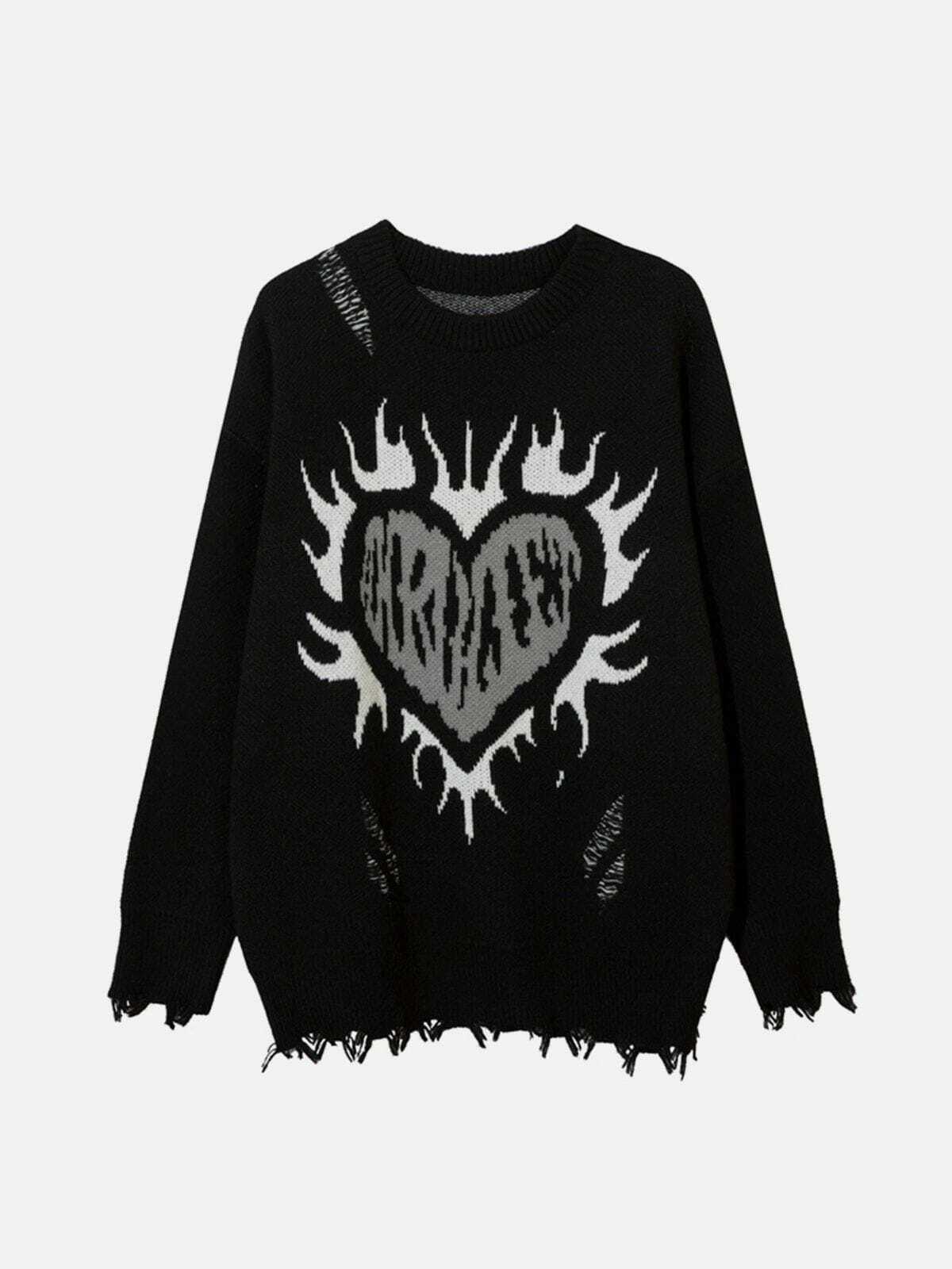 Flame Heart Jacquard Sweater - Y2K Aesthetic Knit Top for Coquette & Grunge Styles