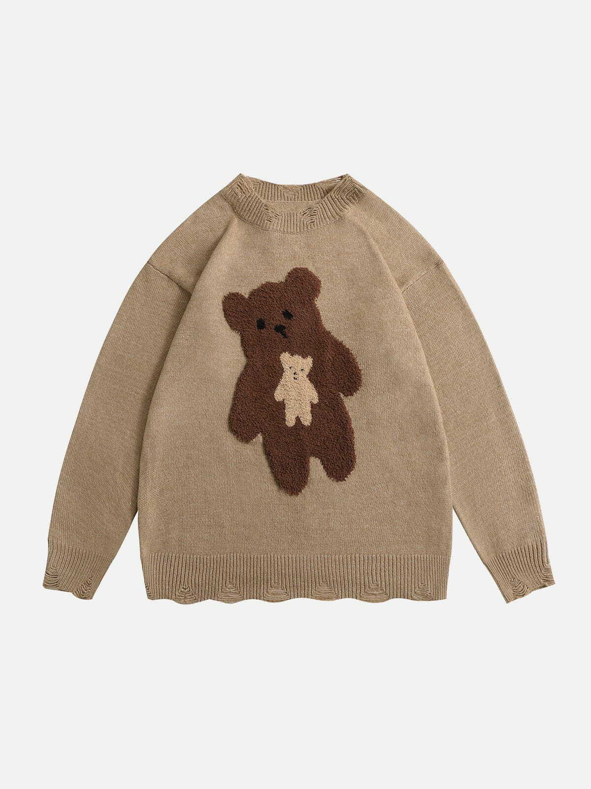 Flocked Bear Raw Edge Sweater - Y2K Fashion Comfy Hoodie for Coquette & Grunge Aesthetic