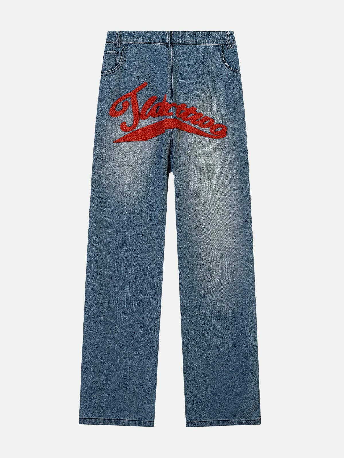 Flocked Letter Jeans: Y2K Fashion Meets Grunge Aesthetic for Trendy Outfits