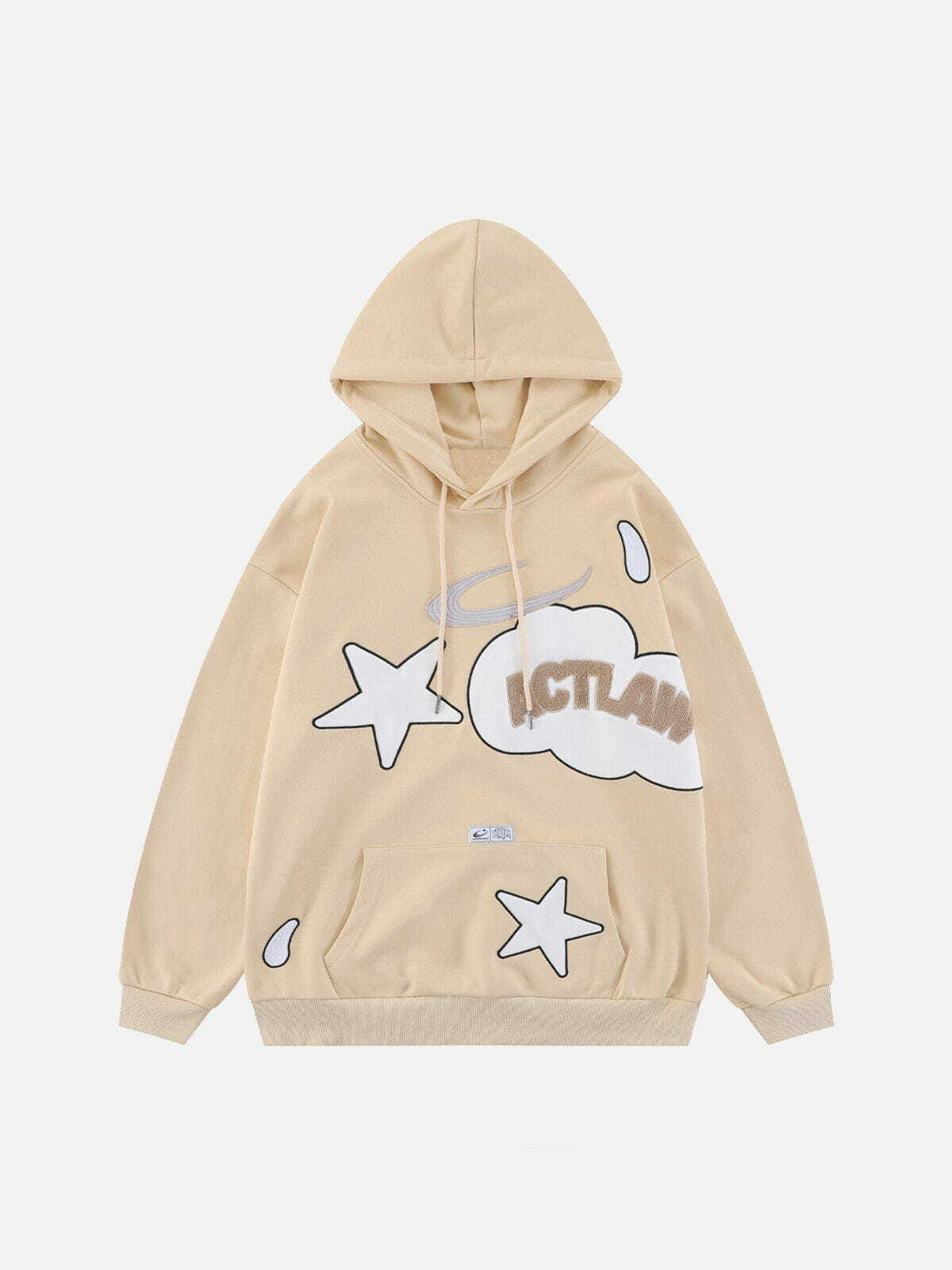 Flocked Letters Embroidered Stars Hoodie - Y2K Aesthetic Comfy Top for Grunge & Coquette Styles