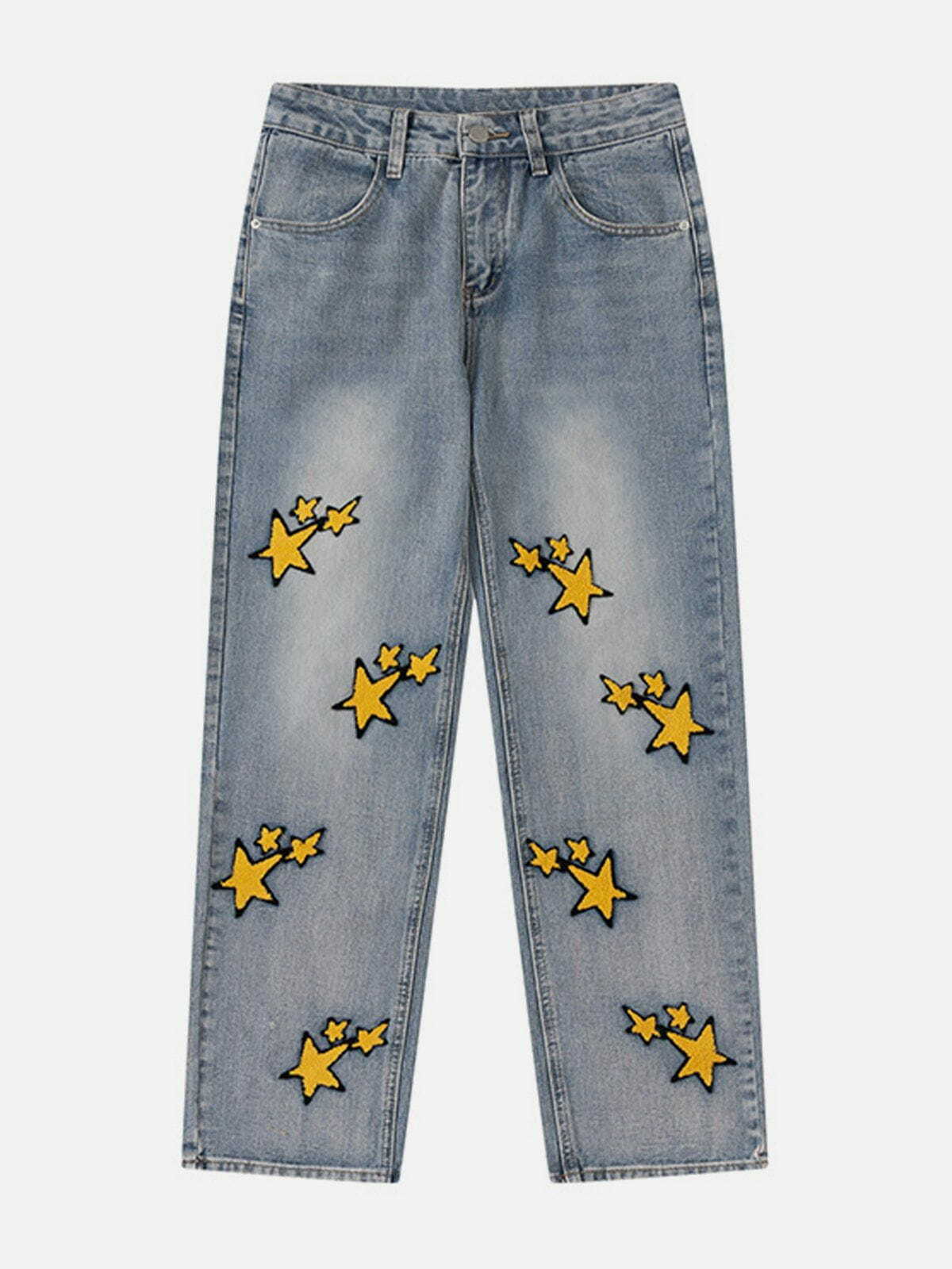 Flocked Star Jeans - Y2K Aesthetic Grunge Style with Cute Tops and Comfy Hoodies