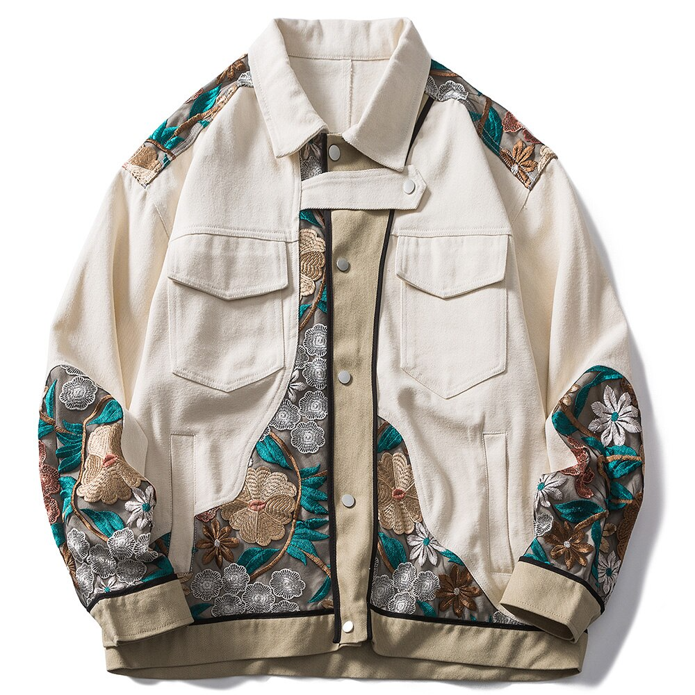 Floral Embroidered Beige Jacket - Y2K Aesthetic Outerwear for Coquette and Grunge Styles