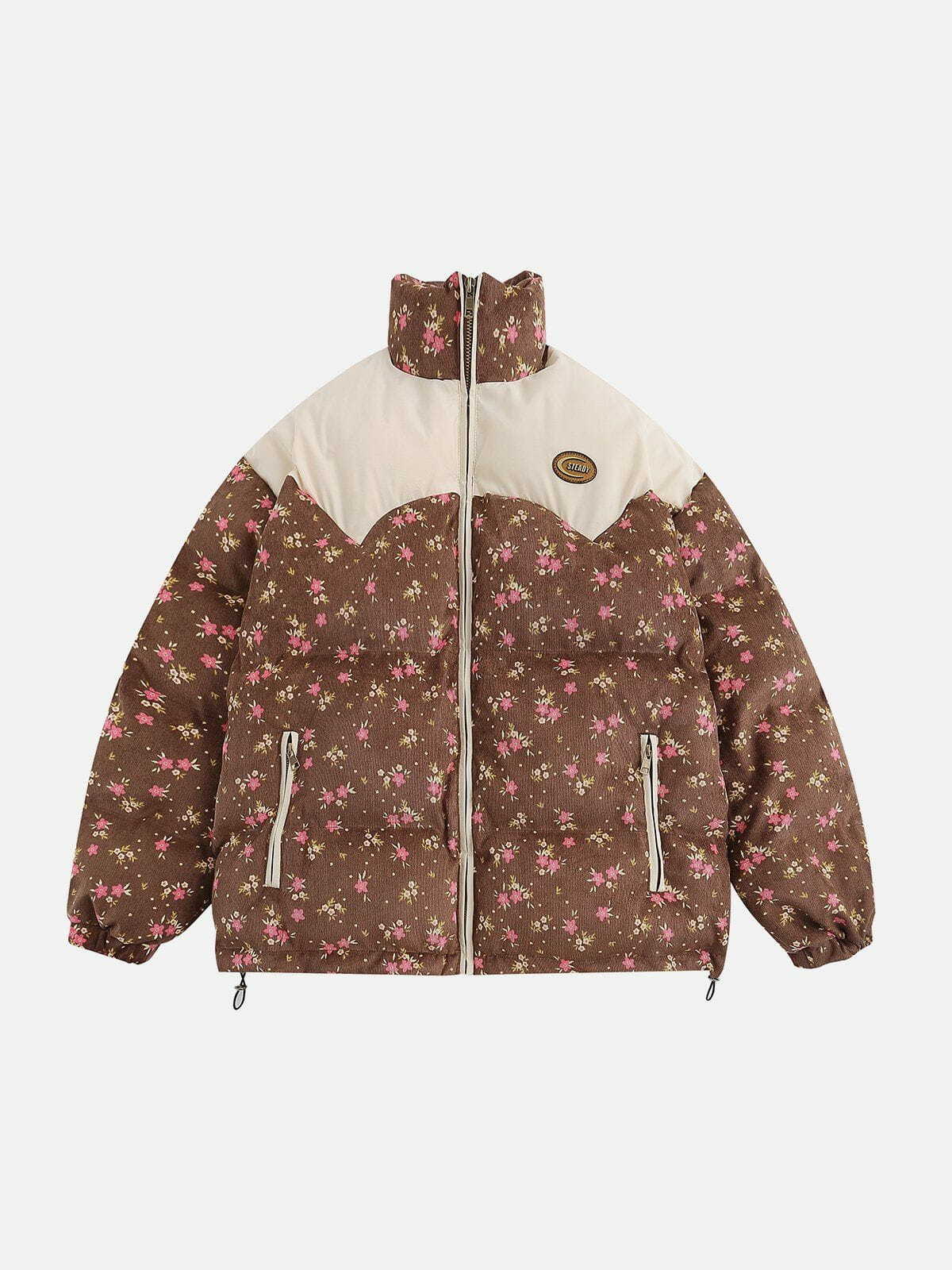 Floral Print Patchwork Y2K Winter Coat - Cozy Aesthetic Layering for Grunge & Coquette Styles