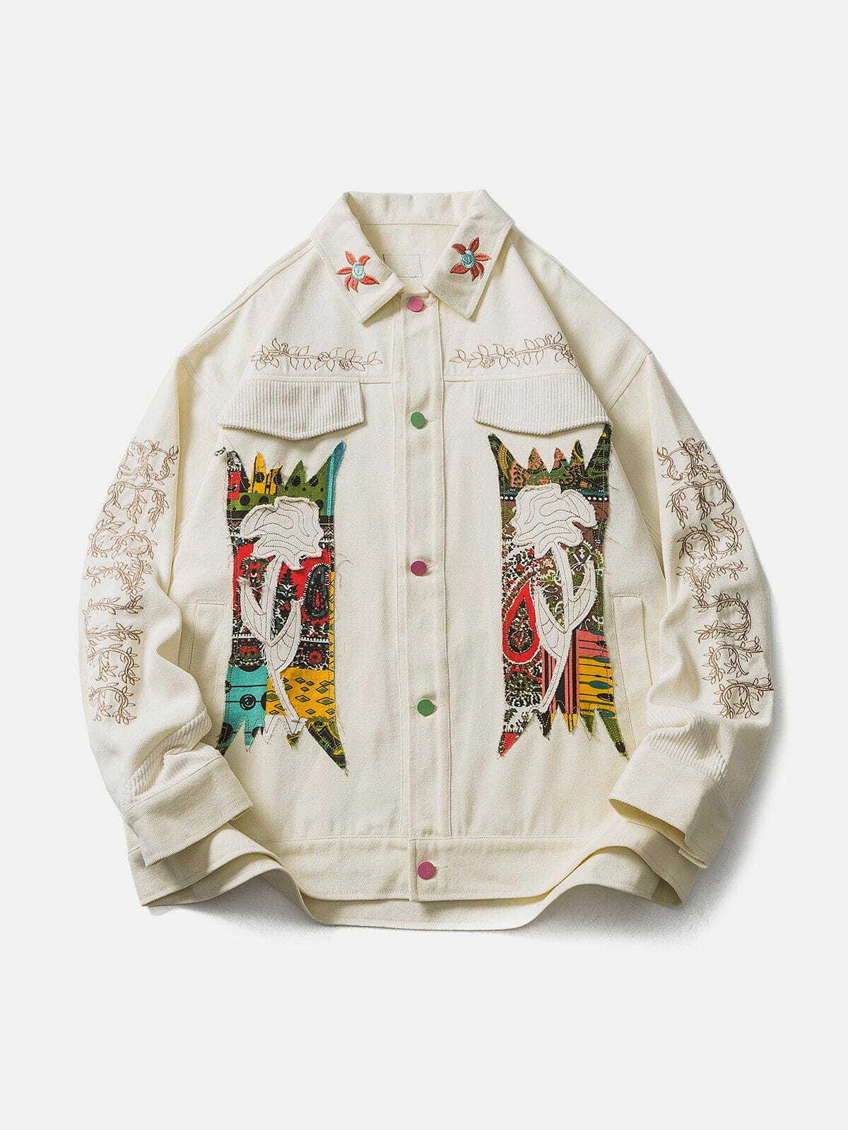 Flower Patchwork Embroidery Denim Jacket - Y2K Aesthetic, Cute Tops, Grunge Style