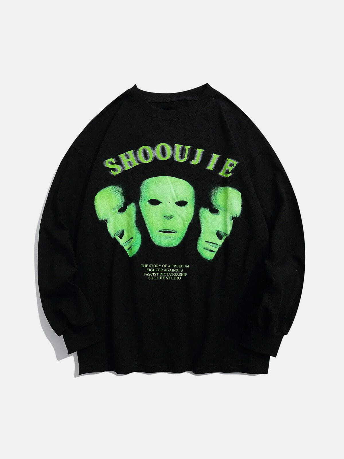 Fluorescent Mask Print Y2K Hoodie - Grunge Aesthetic Comfy Top for Cute Outfits