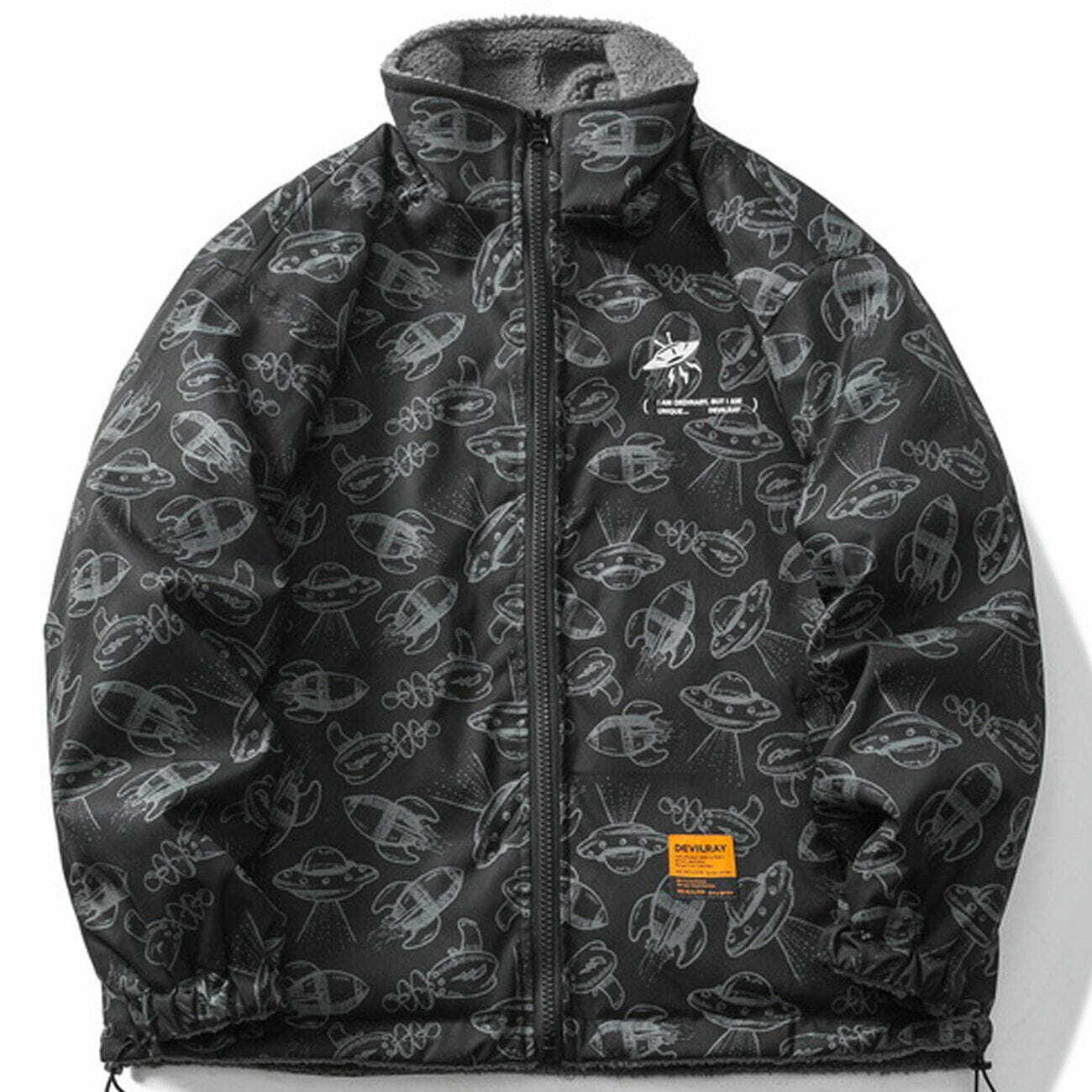 Full UFO Print Double-Sided Winter Coat - Y2K Aesthetic Outerwear for Cozy Style