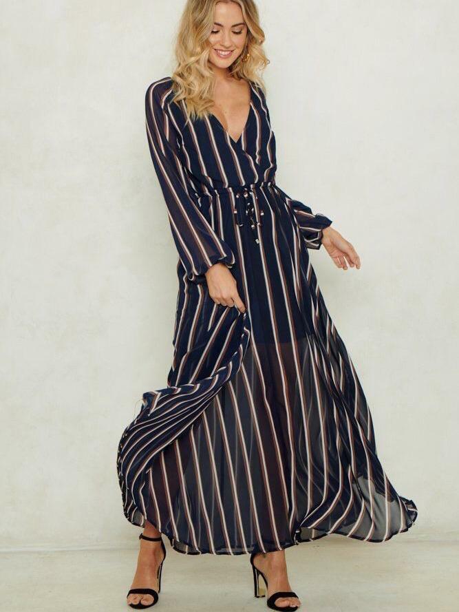 Genia Stripe Surplice Neck Maxi Dress - Y2K Aesthetic, Coquette Style, Cute & Comfy Fashion