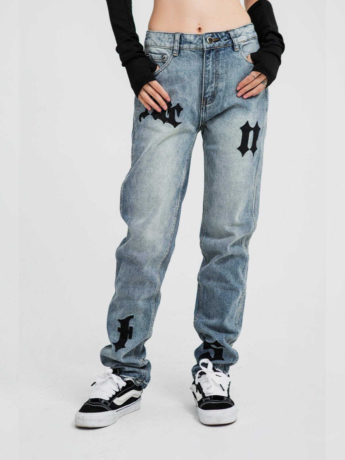 Gothic Alphabet Embroidered Patch Jeans - Y2K Grunge Aesthetic Denim for Unique Style