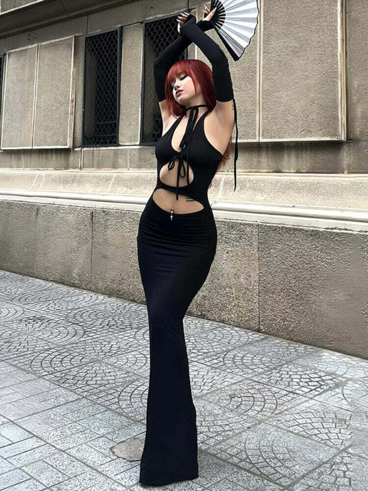 Gothic Sexy Long Cutout Maxi Dress - Y2K Aesthetic, Grunge Style, Coquette Fashion, Cute Tops