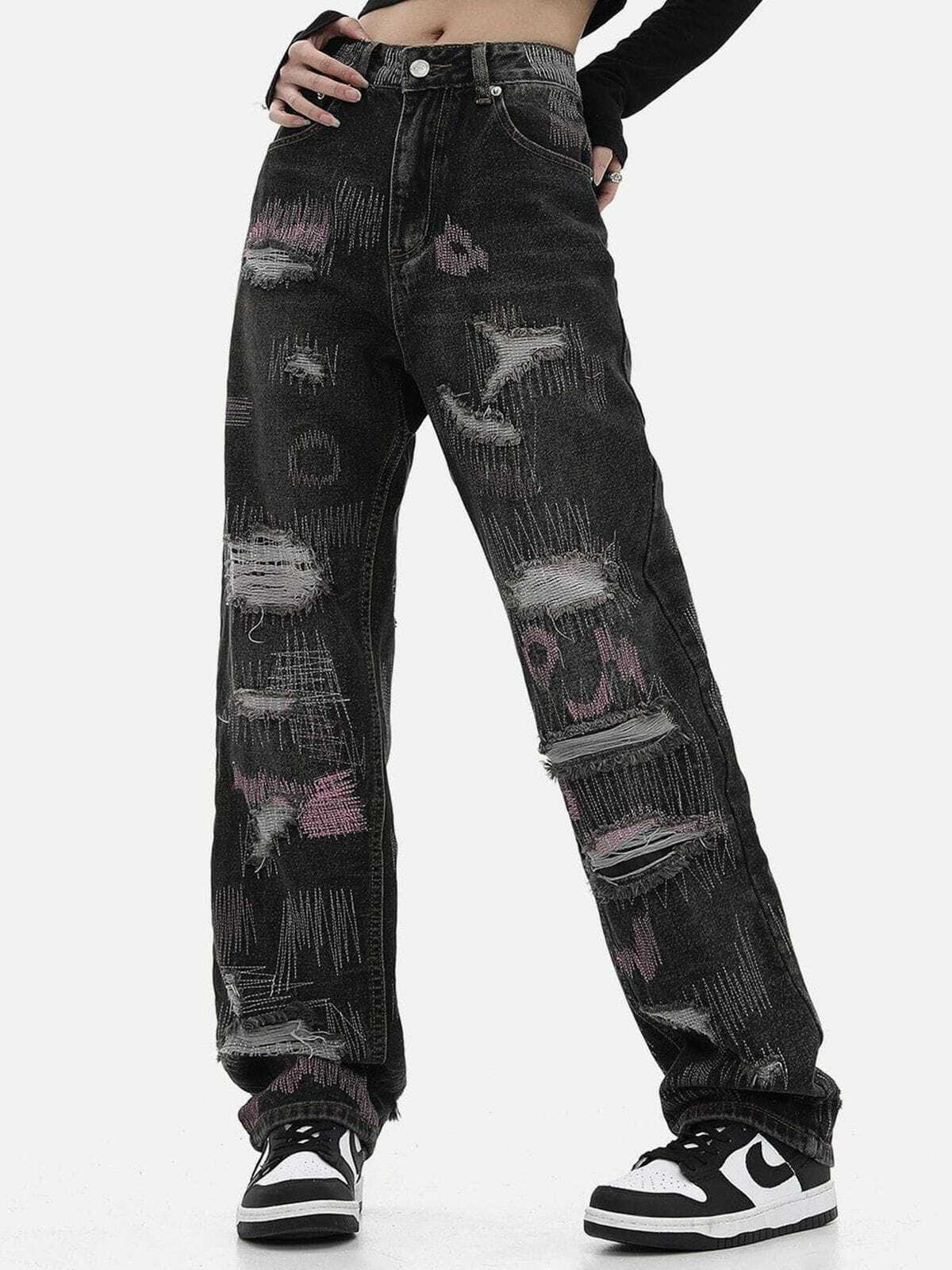 Graffiti Embroidered Ripped Jeans - Y2K Fashion Meets Grunge Aesthetic for Trendy Outfits