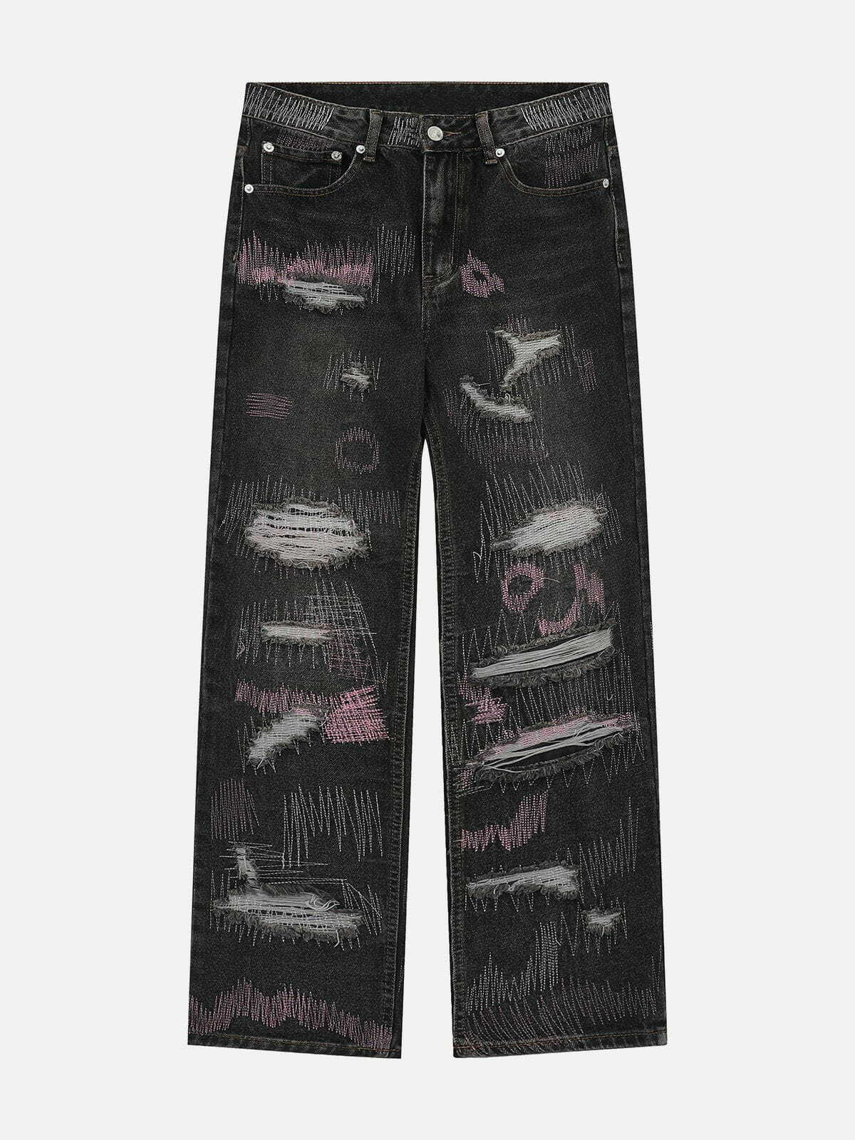 Graffiti Embroidered Ripped Jeans - Y2K Fashion Meets Grunge Aesthetic for Trendy Outfits