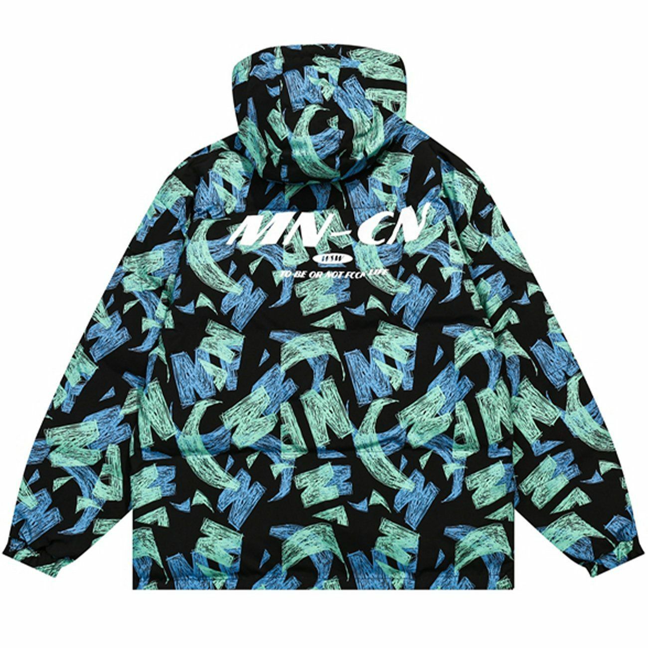 Graffiti Full Print Hooded Winter Coat - Y2K Aesthetic, Grunge Style, Comfy & Cute