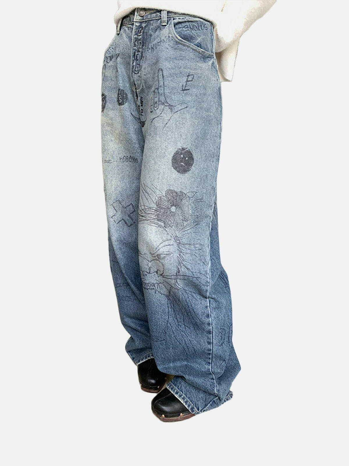 Graffiti Watermark Jeans: Y2K Fashion Meets Grunge Aesthetic for Trendy Outfits