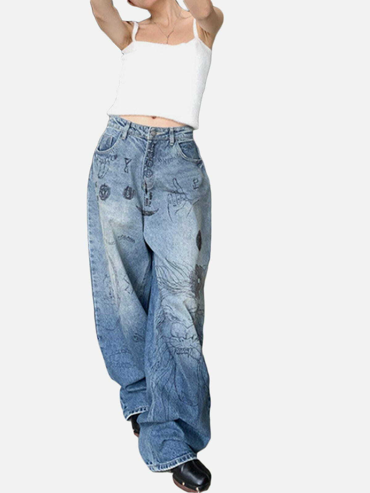 Graffiti Watermark Jeans: Y2K Fashion Meets Grunge Aesthetic for Trendy Outfits