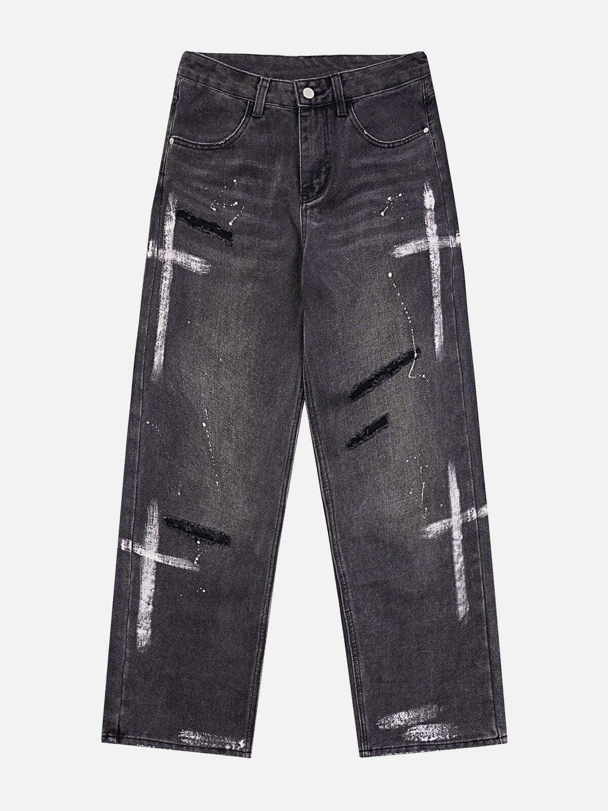 Hand-Painted Y2K Cross Hole Jeans - Grunge Aesthetic Denim for Cute Outfits & Comfy Style