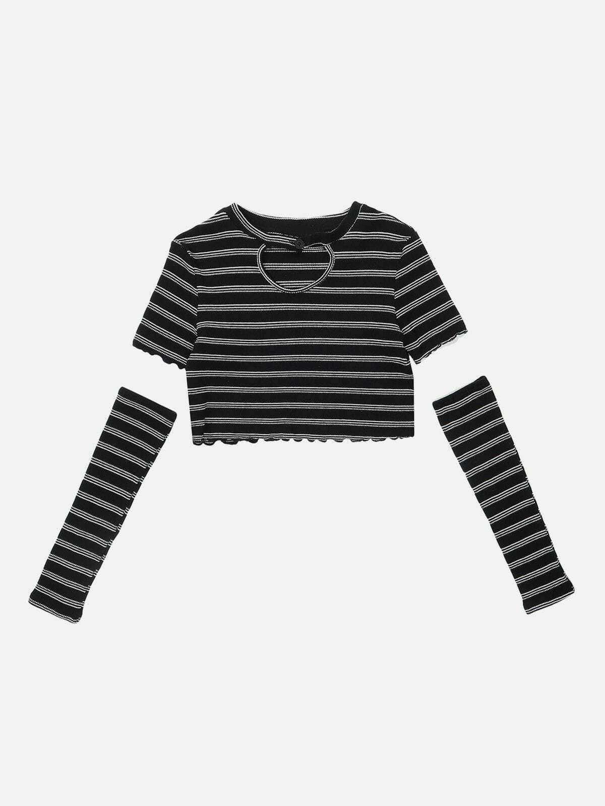 Heart Cut Stripe Crop Tee - Y2K Fashion Cute Top for Coquette Aesthetic & Grunge Style