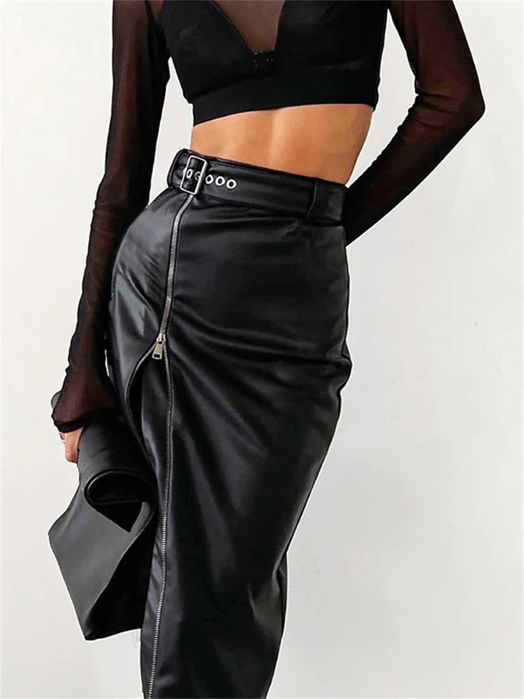 High Waist Black PU Leather Grunge Midi Skirt with Zip Up & High Split - Y2K Aesthetic Fashion