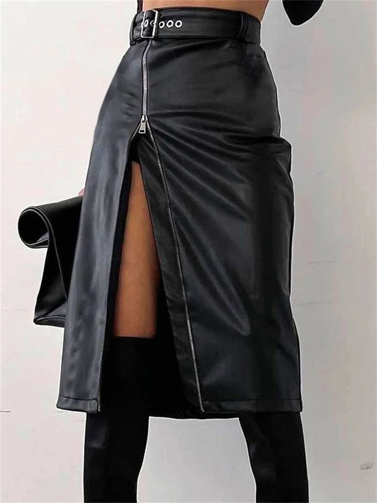 High Waist Black PU Leather Grunge Midi Skirt with Zip Up & High Split - Y2K Aesthetic Fashion