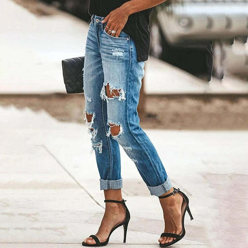 High Waist Ripped Denim Jeans - Y2K Grunge Style, Cute Aesthetic, Comfy Fashion