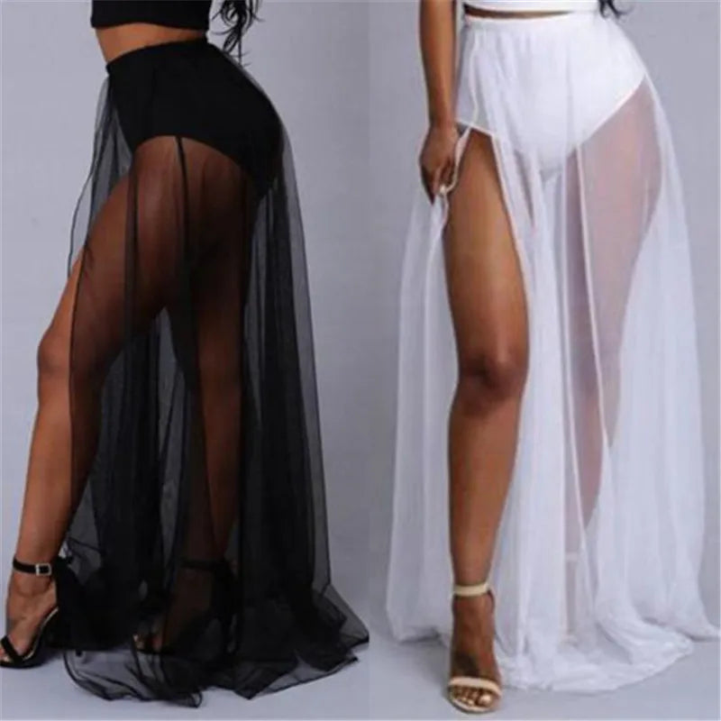 High Waist Sheer Chiffon Maxi Skirt with Side Split - Y2K Fashion & Coquette Aesthetic