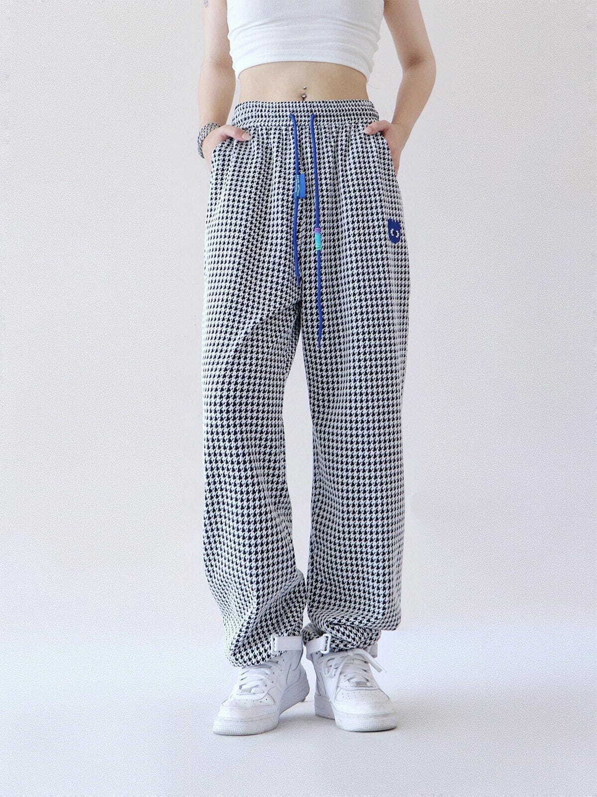 Houndstooth Straight-Leg Casual Pants for Y2K Fashion, Coquette Aesthetic & Grunge Style